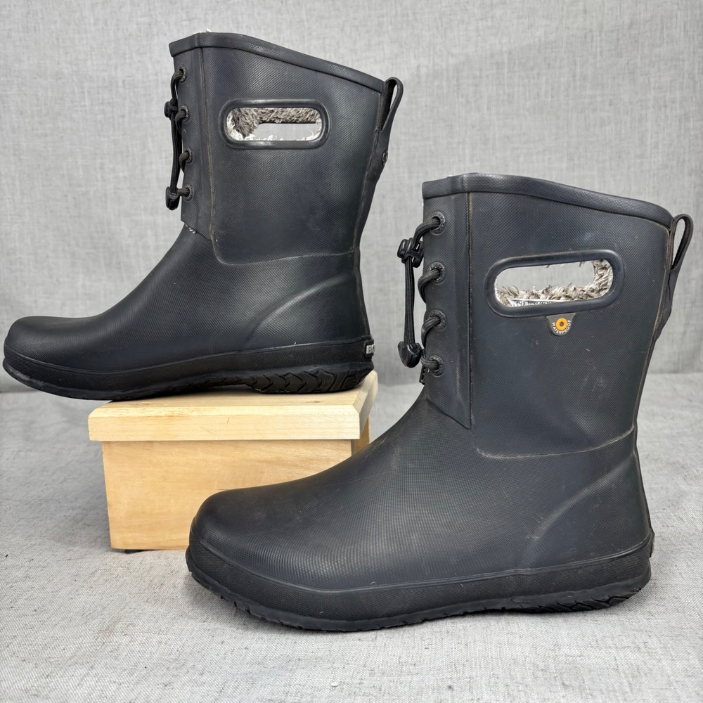 Bogs Amanda Plush II Black Rubber Waterproof Lined Rain Boots Pull On Big Kids 7 - Picture 3 of 11